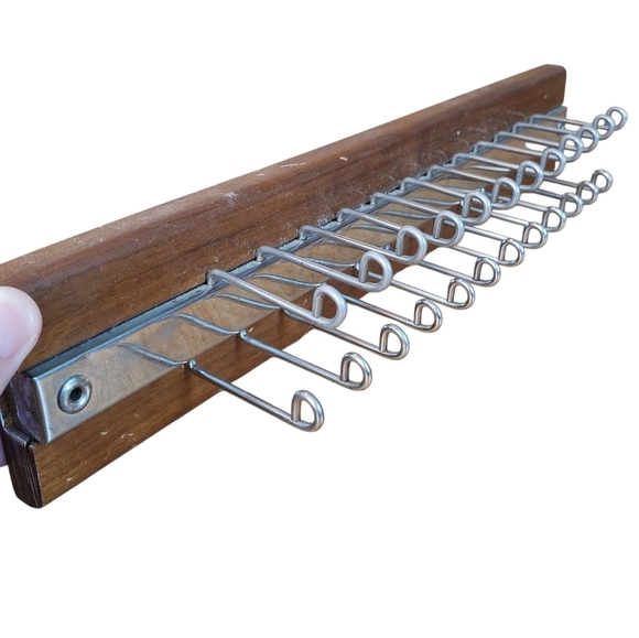 Mid Century Modern Wooden Tie Rack with Foldable Metal Hooks - Picture 5 of 9